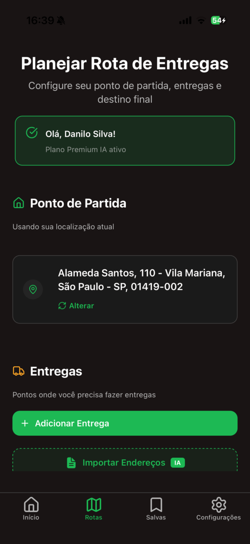 Tela do app RotaTurbo